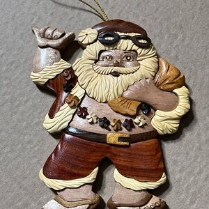 Vintage Wood Art by The Le Family Hawaii Carved Santa Christmas Tree Ornament